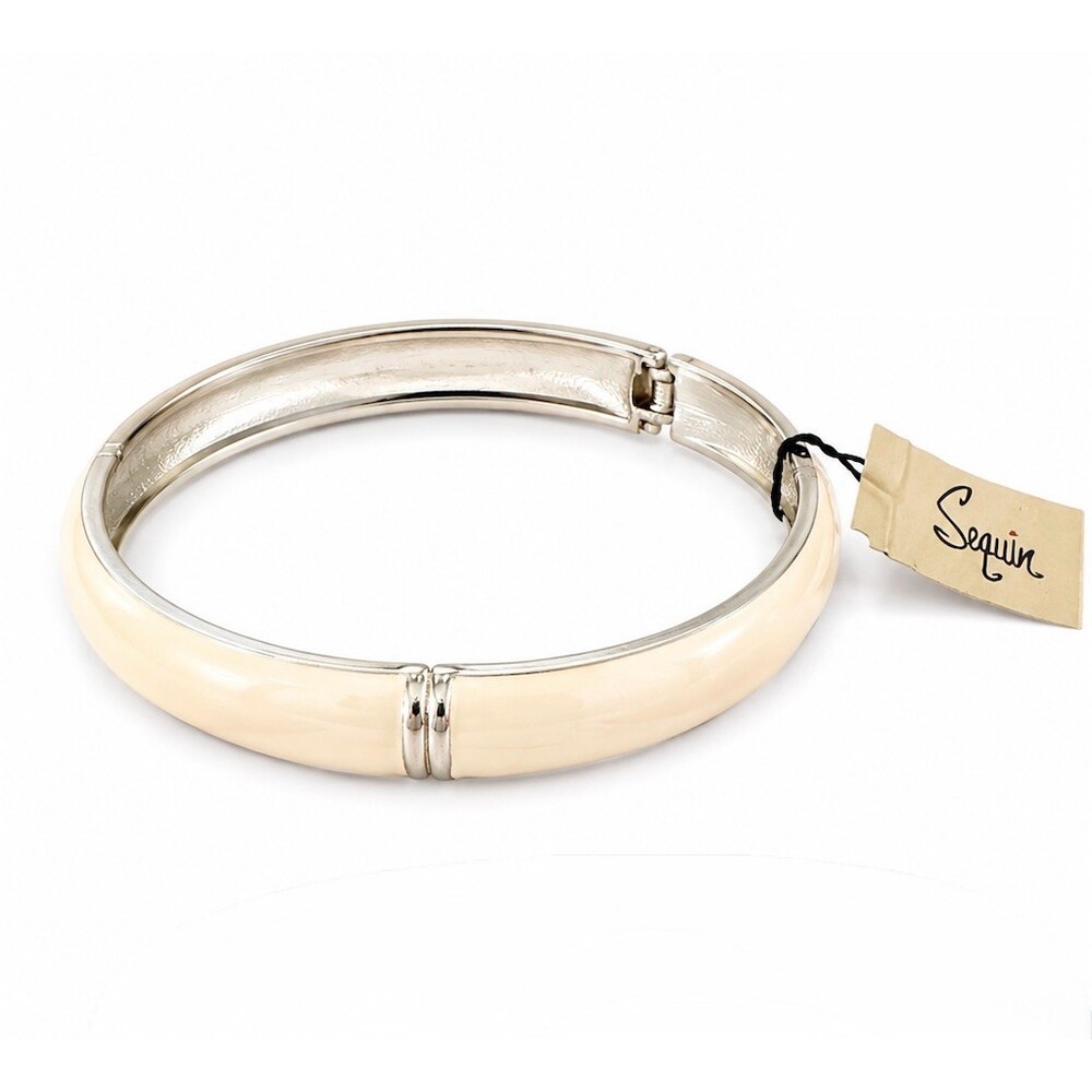 Sequin Bracelet Ivory Enamel Hinged Bangle Snap Closure Stackable